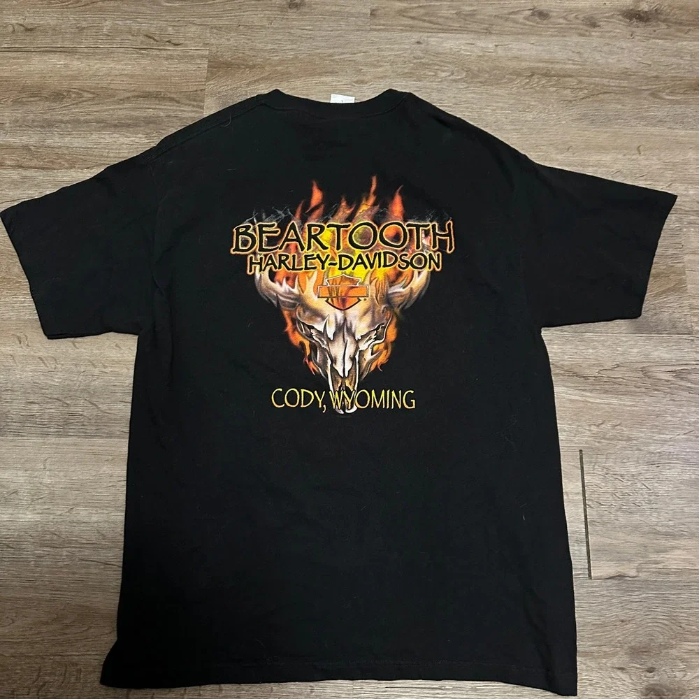 Harley‎ Davidson T-Shirt Mens Large Black Beartooth Cody Wyoming Flame Skull USA
